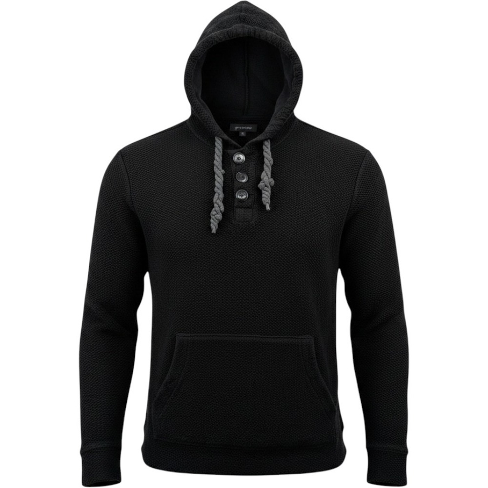 Grayson Mens XL Black Waffle Knit Henley Hoodie Pullover Kangaroo Pocket Cozy